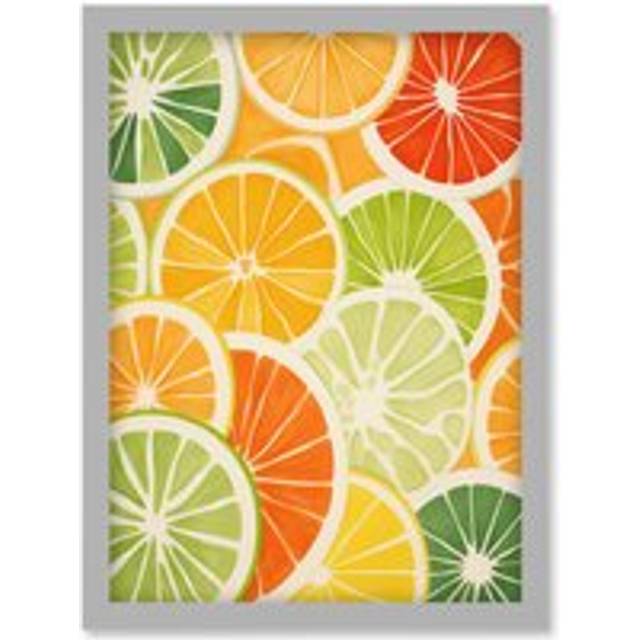 Wall Art Print Slices of Limes Oranges and Grapefruit Bright Watercolour Painting Kitchen Artwork Framed A4 - Grey - A4