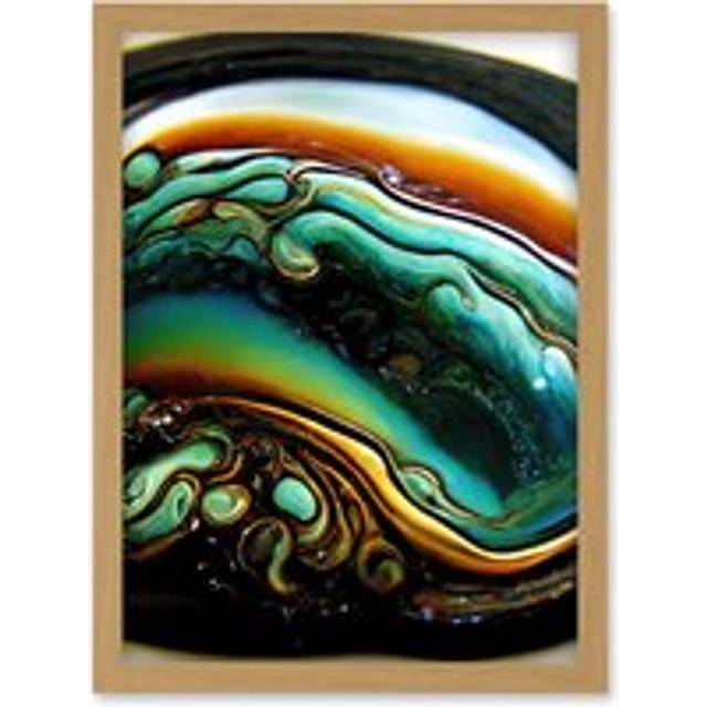 Liquid Merge Fluid Abstract Teal Ochre Artwork Framed Wall Art Print A4 - Tan - One Size