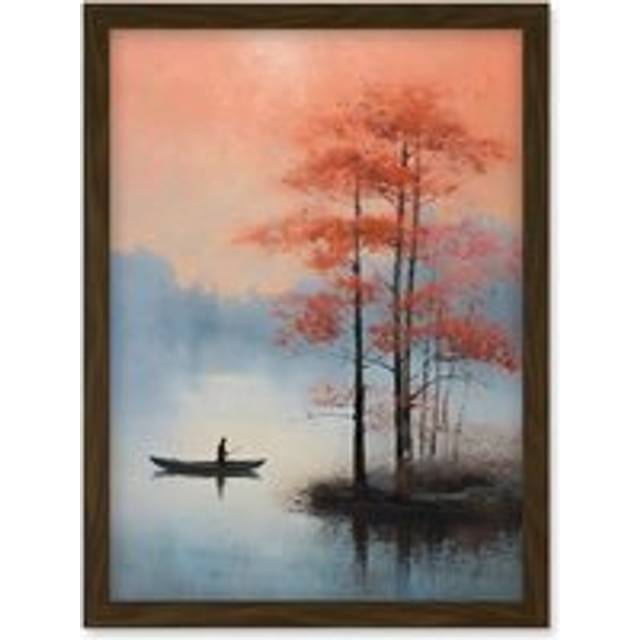 Wall Art Print Canoe Boat on Misty Lake Oil Painting Landscape Blue Pink Blossom Tree Early Morning Artwork Framed A4 - Brown - A4