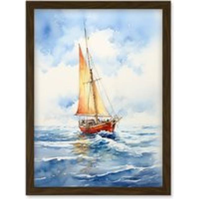 Wall Art Print Orange Sailing Boat Watercolour Painting Bathroom Artwork Sail at Sea Seascape Artwork Framed A4 - Brown - A4