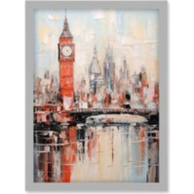 Wall Art Print London Skyline Abstract Oil Painting Thick Paint Red Big Ben River Thames Westminster Bridge England City Artwork Framed A4 - Grey - A4