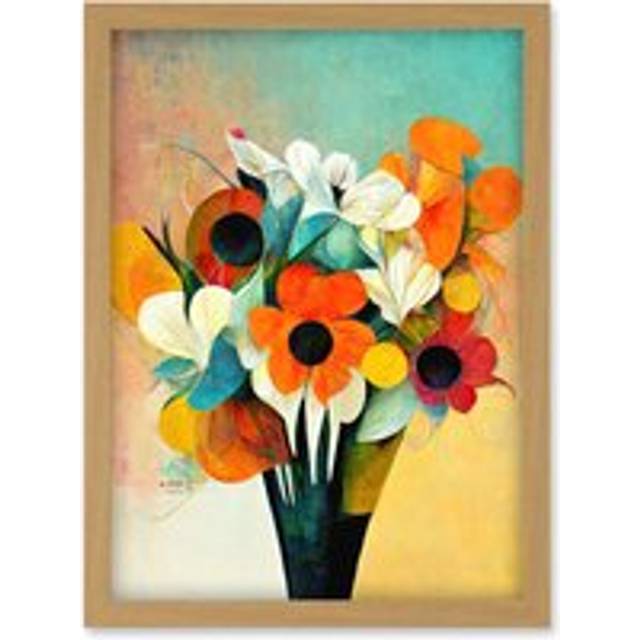 Modern Abstract Oil Paint Vibrant Summer Flower Bouquet In Vase Artwork Framed Wall Art Print A4 - Tan - One Size