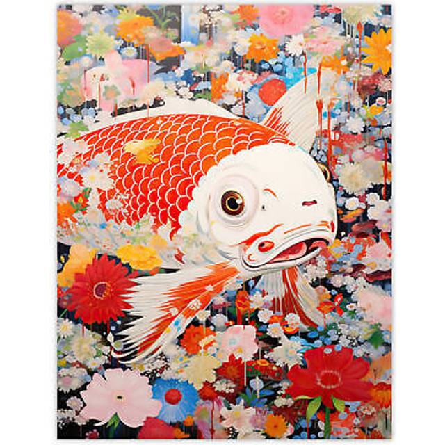 A Fish Out Of Water Superflat Japan Koi Carp Floral Modern Artwork Large Wall Unframed Art Poster Print Thick Paper 18X24 Inch - Multi - W18 inch x H2 - W18 inch x H24 inch