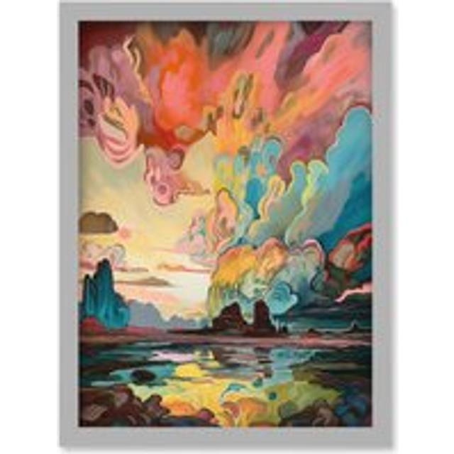 Van Gogh Inspired Atmospheric Clouds Over Mono Lake at Dawn Modern Watercolour Painting Artwork Framed Wall Art Print A4 - Grey - One Size