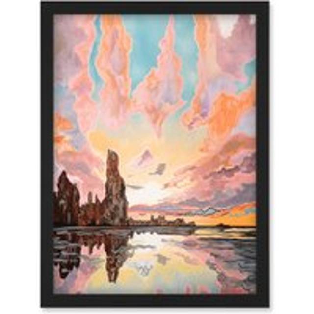 Atmospheric Cloud Sunrise Reflections Mono Lake Pastel Pink Colour Modern Watercolour Painting Artwork Framed Wall Art Print A4 - Black - One Size
