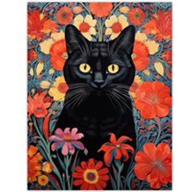 Stylish Black Cat On Red Flowers Floral Design Illustration Lucky Witch Large Wall Unframed Art Poster Print Thick Paper 18X24 Inch - Multi - W18 inch - W18 inch x H24 inch