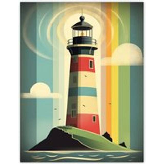 Modern Stylised Lighthouse Flat Style Multicoloured Seascape Illustration Extra Large XL Wall Art Poster Print - W24 inch x H32 inch
