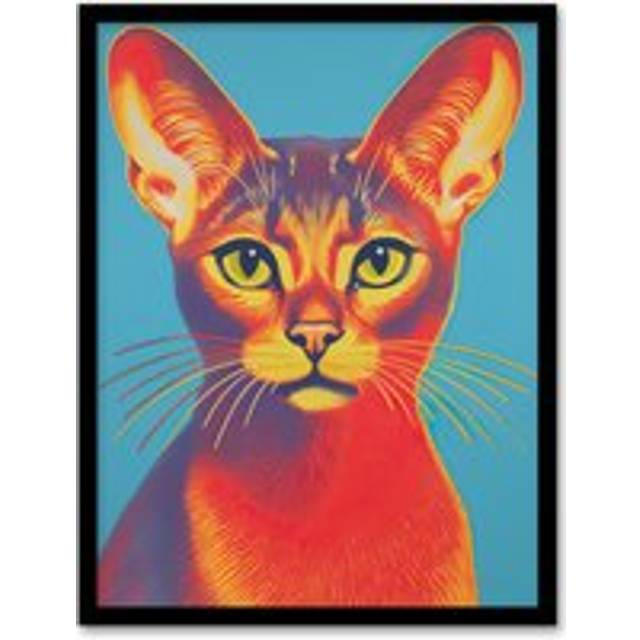 Wall Art Print Abyssinian Cat Bold Vibrant Rich Red And Gold On Blue Screen Risograph Artwork Spot Block Colour Retro Riso Interior Design Art Framed - Black - A4