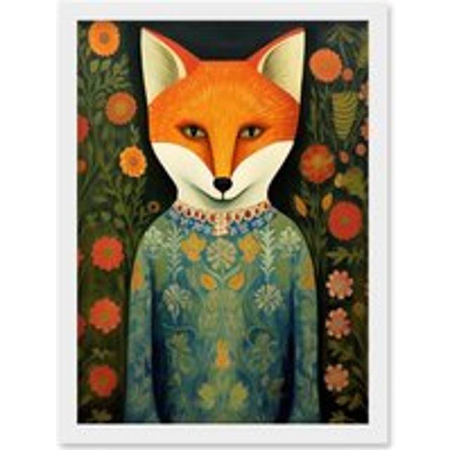Wall Art Print Fox Flaunting Fancy Floral Frock Felicia Flower Field Fun Artwork Framed A4 - White - A4