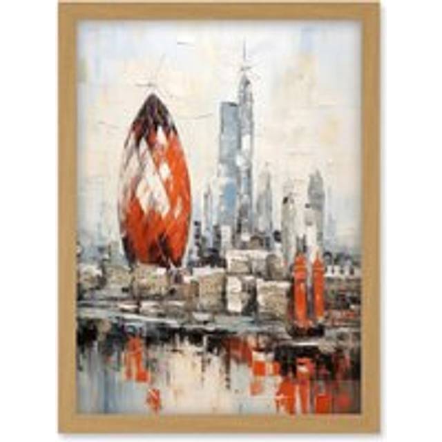 Wall Art Print London Skyline Abstract Oil Painting Thick Paint Red Gherkin Building River Thames England City Artwork Framed A4 - Tan - A4
