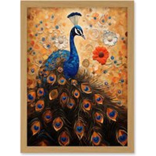 Wall Art Print Peacock Bird Gustav Klimt Style Oil Painting Gold Orange Blue Portrait with Flowers Artwork Framed A4 - Tan - A4