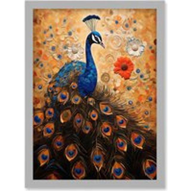 Wall Art Print Peacock Bird Gustav Klimt Style Oil Painting Gold Orange Blue Portrait with Flowers Artwork Framed A4 - Grey - A4
