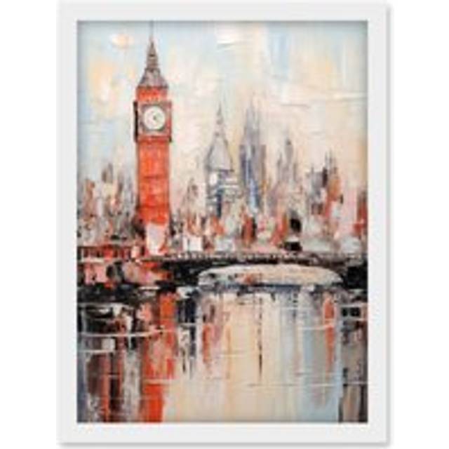 Wall Art Print London Skyline Abstract Oil Painting Thick Paint Red Big Ben River Thames Westminster Bridge England City Artwork Framed A4 - White - A