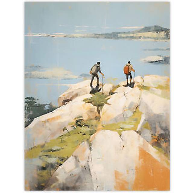 Hikers Reach The Summit At Last Oil Painting Hiking Coastal Cliff Landscape Large Wall Unframed Art Poster Print Thick Paper 18X24 Inch - Multi - W18 - W18 inch x H24 inch