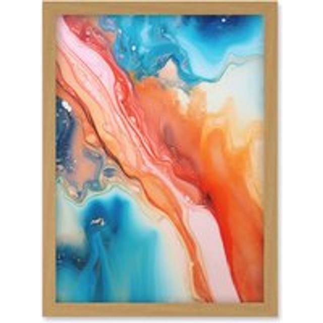 Wall Art Print Abstract Blue and Orange Fluid Flow Painting Water Meets Oil Artwork Framed A4 - Tan - A4
