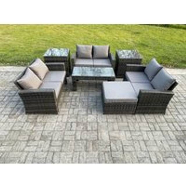 Fimous 7 PCS Outdoor Lounge Sofa Set Wicker PE Rattan Garden Furniture Set with Coffee Table Double Seater Sofa 2 Side Tables Big Footstool Dark Grey
