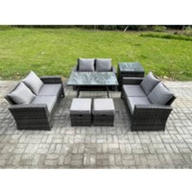 Fimous 7 PCS Outdoor Lounge Sofa Set Wicker PE Rattan Garden Furniture Set with Rectangular Dining Table Love Seat Sofa Side Table Dark Grey Mixed