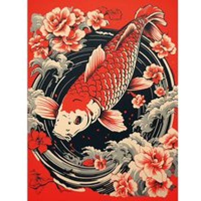 Wall Art Print Koi Fish Carp Japan Whirlpool Red Black Floral Artwork Coy Poster - W24 inch x H32 inch