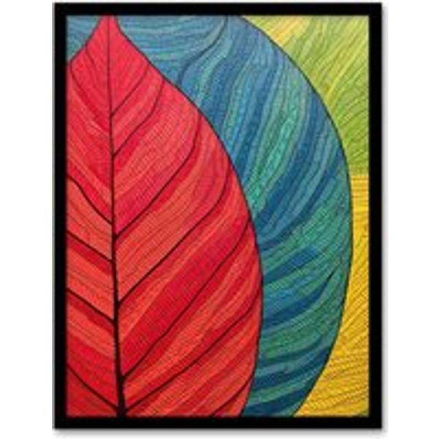 Wall Art Print Gond Painting Style Abstract Close Up Leaves Line Drawing Framed Art - Multi - W12 inch x H16 inch