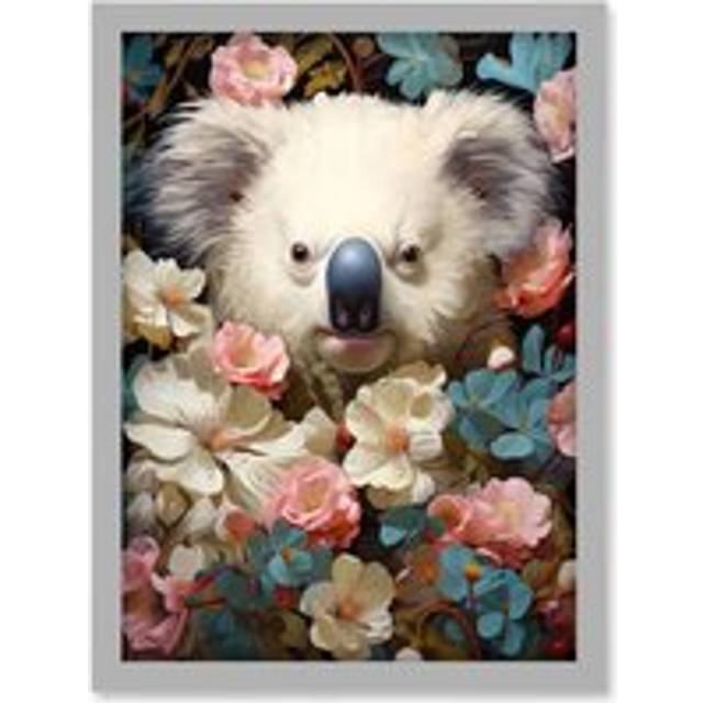 Wall Art Print Elegant White Koala Bear Nestled in White Blue and Pink Blooming Flowers Floral Oil Painting Artwork Framed A4 - Grey - A4