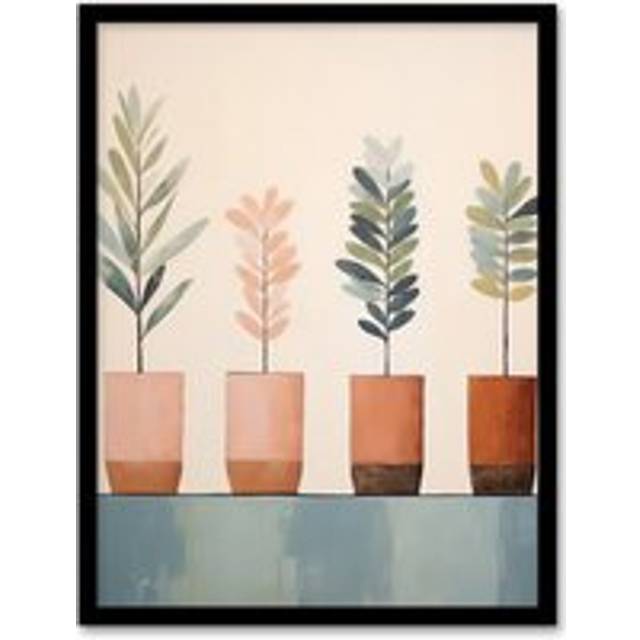 Wall Art Print Row of Leafy Plants in Clay Pots Pastel Colour Pink Blue Green Botanical Oil Painting Artwork Framed - Beige - A4