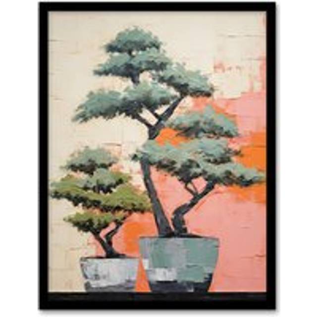 Wall Art Print Two Japanese Bonsai Tree Plant Pots Thick Palette Knife Oil Painting Artwork Framed - Pink - W12 inch x H16 inch