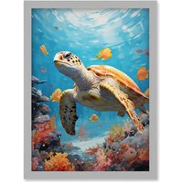 Wall Art Print Loggerhead Sea Turtle in Coral Reef Bright Detailed Artwork Caretta Swimming with Yellow Striped Fish Artwork Framed A4 - Grey - A4