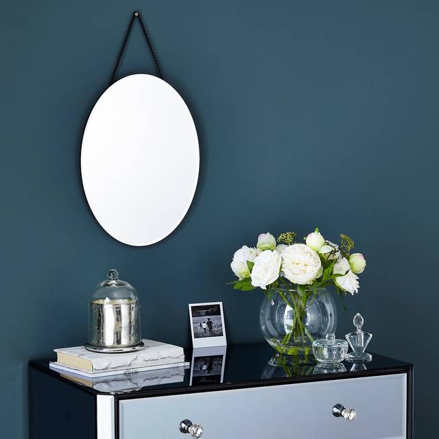 Oval Hanging Chain Wall Mirror - Silver
