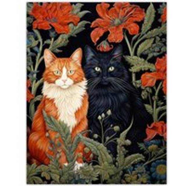 Fluffy Ginger And Black Flower Cats Amongst The Red Floral Blooms Modern Artwork Extra Large XL Unframed Wall Art Poster Print - Multi - W24 inch x H3 - W24 inch x H32 inch