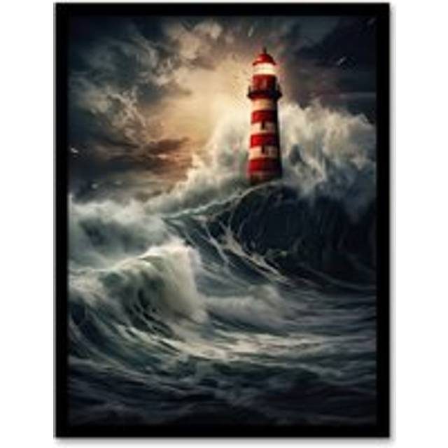 Wall Art Print Lighthouse Against a Stormy Sea Dramatic Seascape Framed - Multi - W12 inch x H16 inch