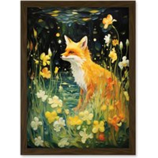 Wall Art Print Fox Dream Floral Yellow Oil Painting Orange White Dreamscape of Lily Flowers in Spring Artwork Framed A4 - Brown - A4