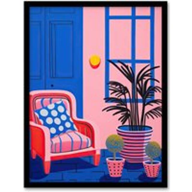 Wall Art Print My Favourite Place Graphic Painting Pink Blue Cosy Armchair and Potted Plants Artwork Framed - W12 inch x H16 inch