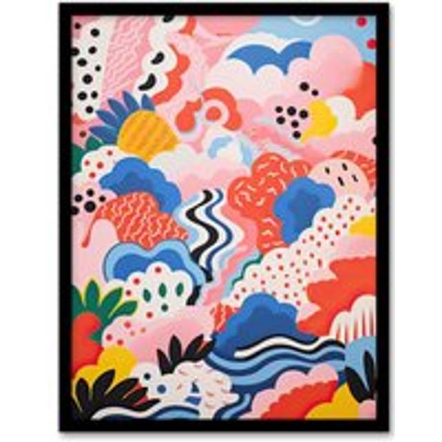 Wall Art Print Candy Mountains Abstract Oil Painting Pink Blue Yellow Sugar Stream and Ice Cream Bushes Kids Bedroom Artwork Framed - Multi - A4