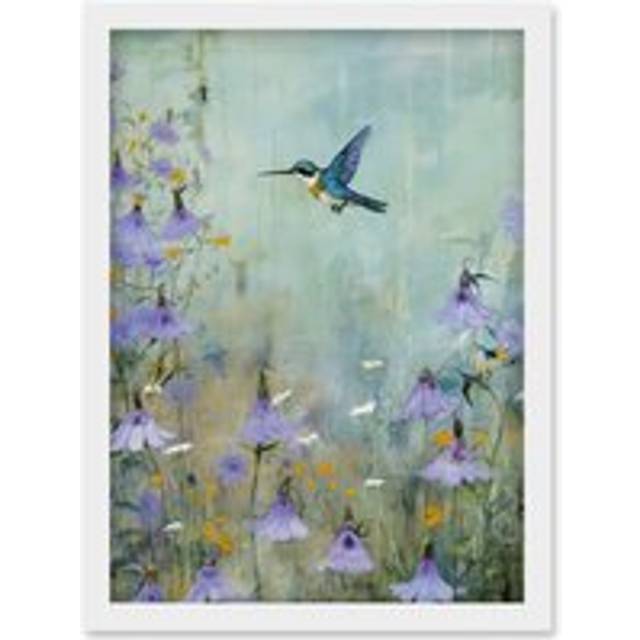Wall Art Print Bluebell Hummingbird Pastel Painting Nectar Flowers Field Oil Painting Colour Artwork Framed A4 - White - A4