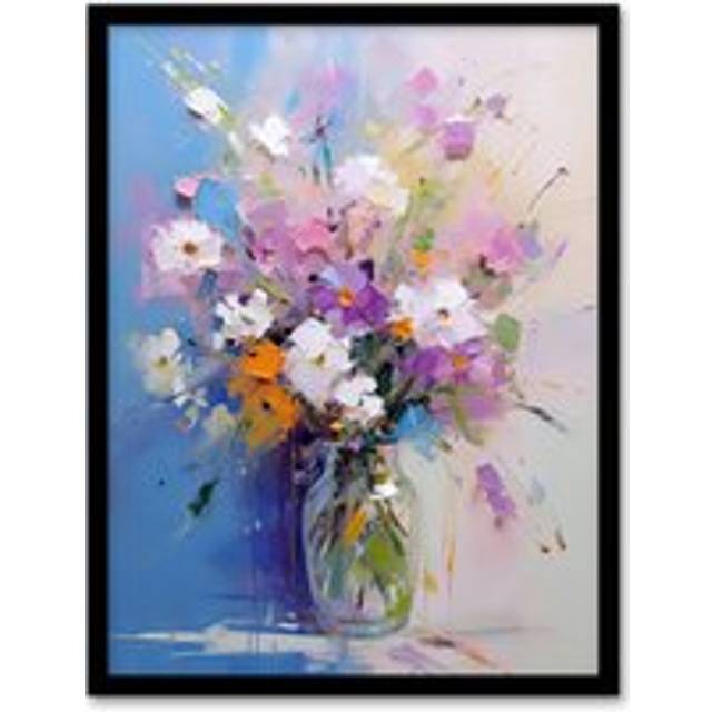 Wall Art Print Wildflower Bouquet in Glass Vase Oil Painting Pastel Framed - Blue - A4