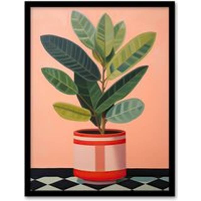 Wall Art Print Rubber Plant Pot on Checkerboard Floor Oil Painting Framed - Pink - A4