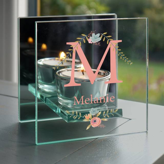 Personalised Floral Bouquet Mirrored Glass Tealight Holder - Clear