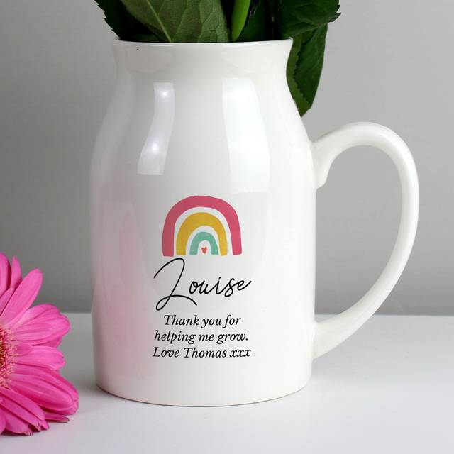 Personalised Rainbow Flower Jug Vase - White