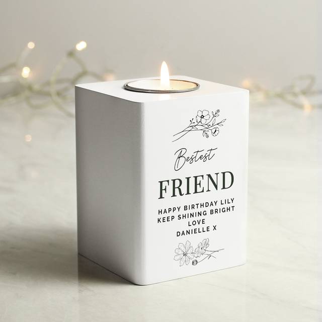 Personalised Memento Personalised Floral White Wooden Tealight Holder - 8 x 10 x 8cm