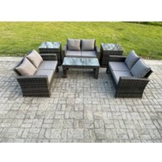 Fimous 6 PCS Outdoor Lounge Sofa Set Wicker PE Rattan Garden Furniture Set with Coffee Table Double Seater Sofa 2 Side Tables Dark Grey Mixed