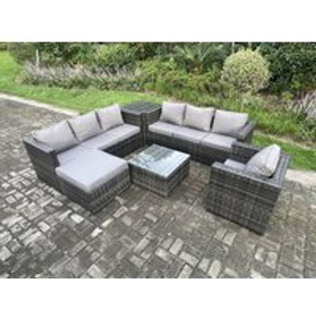 Fimous Rattan Garden Furniture Sofa Set with Armchair Side Table Square Coffee Table Big Footstool Indoor Side Table Outdoor 8 Seater Rattan Set Dark