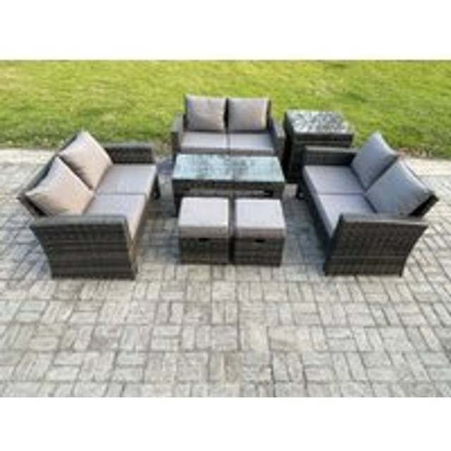 Fimous 7 PCS Outdoor Lounge Sofa Set Wicker PE Rattan Garden Furniture Set with Coffee Table Double Seater Sofa Side Table 2 Small Footstools Dark Gre