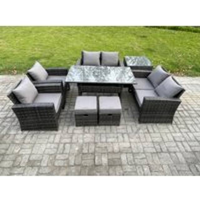 Rattan Garden Furniture Set 8 Seater Patio Outdoor Lounge Sofa Set with Oblong Dining Table Double Seat Sofa Side Table 2 Small Footstools Dark Grey