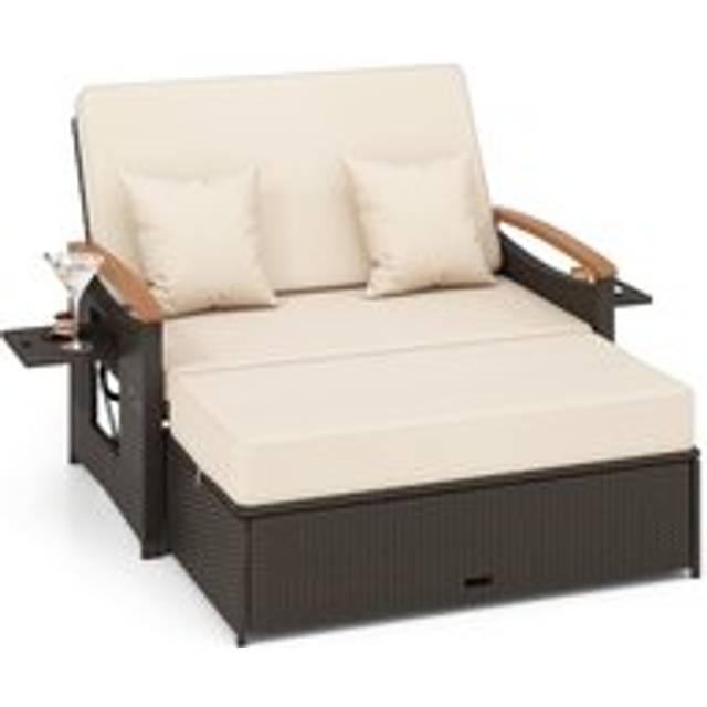 Outdoor Wicker Daybed Rattan Woven Loveseat with Folding Panels & Storage Ottoman - Brown - One Size