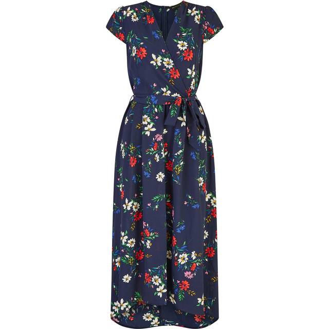 Mela Navy Daisy Print Wrap Over Midi Dress With Dipped Hem - Size 10 UK - Yumi