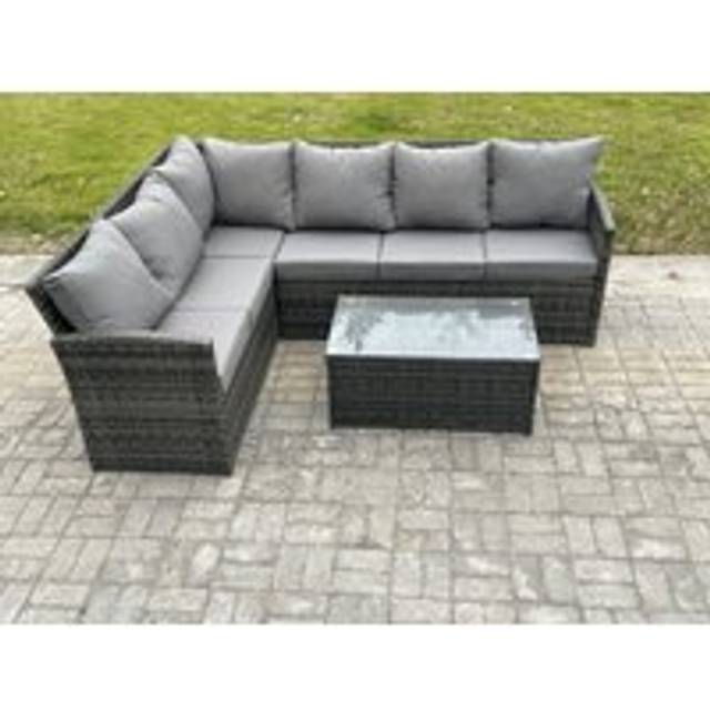 Fimous Rattan Lounge Corner Sofa Set Wicker PE Outdoor Garden Furniture Set with Rectangular Coffee Table Dark Grey Mixed