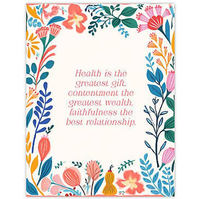 Wall Art Print Health is the Greatest Gift Pink Buddhist Mindfulness Floral Art Poster - Multi - W18 inch x H24 inch