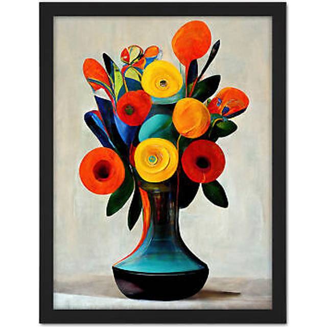 Wall Art Print Midcentury Style Bright Floral Bouquet Flowers Painting Orange Yellow Red Turquoise Large Framed Wall Décor Art - Black - W18 inch x H2 - W18 inch x H24 inch