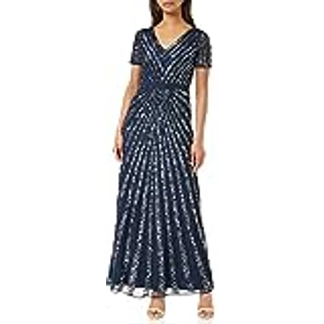 Short Sleeve Stripe Embellished Maxi Dress - Dark Navy - 16