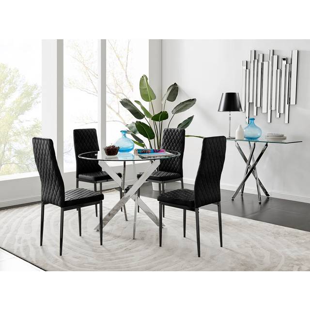 Furniturebox Arona Valera 4 Seater Round Dining Set Black and Chrome